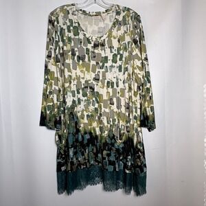 LOGO Lori Goldstein XL Abstract Print 3/4 Sleeve Tunic Lace Hem Pockets A272840
